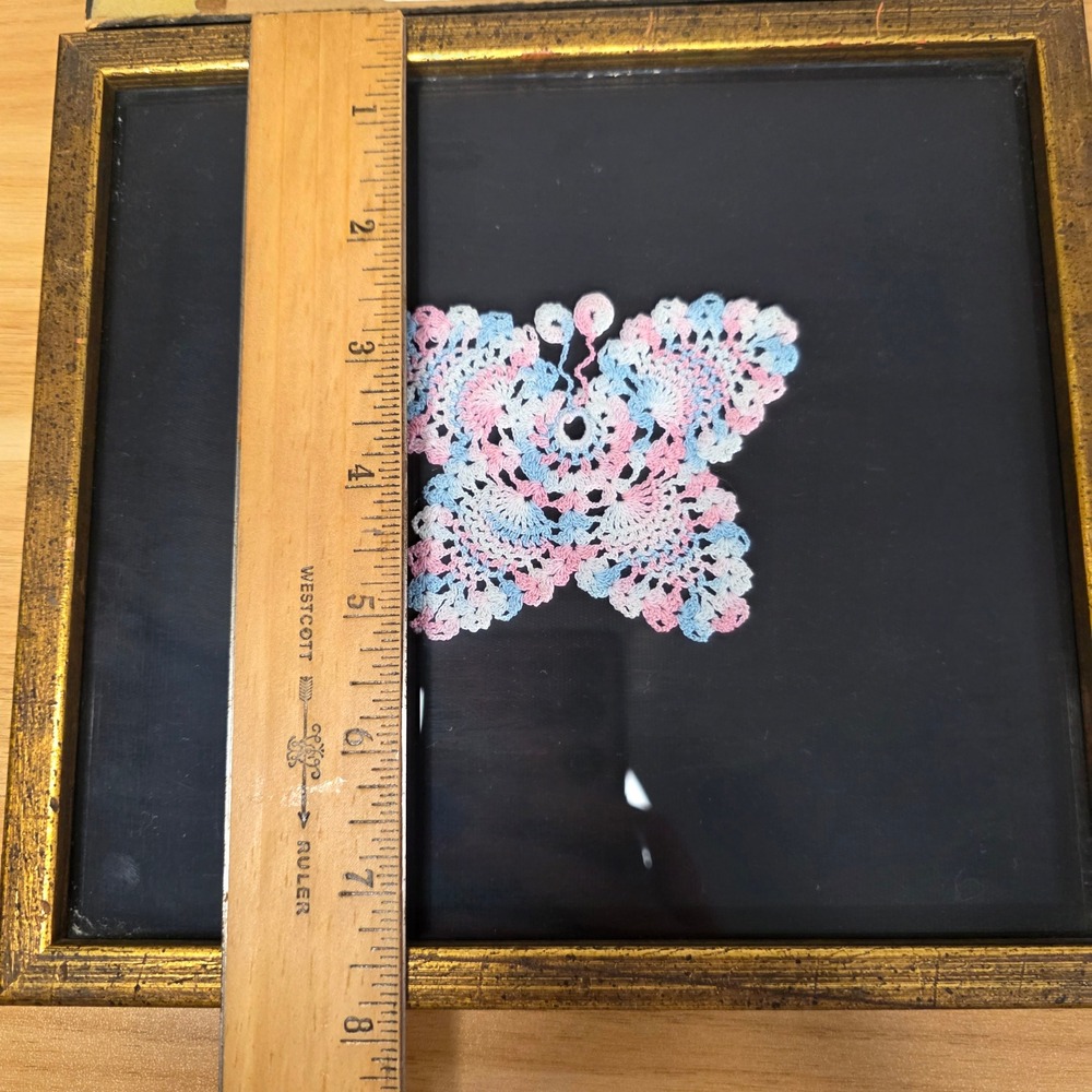 Vintage Handmade Framed Crocheted Butterfly Art Blue Pink White Qty 2 1976 - Picture 8 of 8
